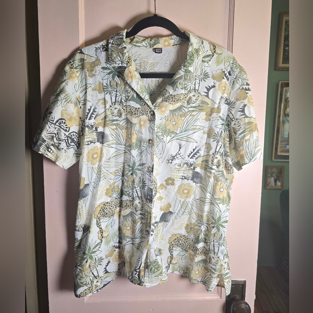 Vintage Tropical Leopard Shirt Sleeve Button Down Size Medium